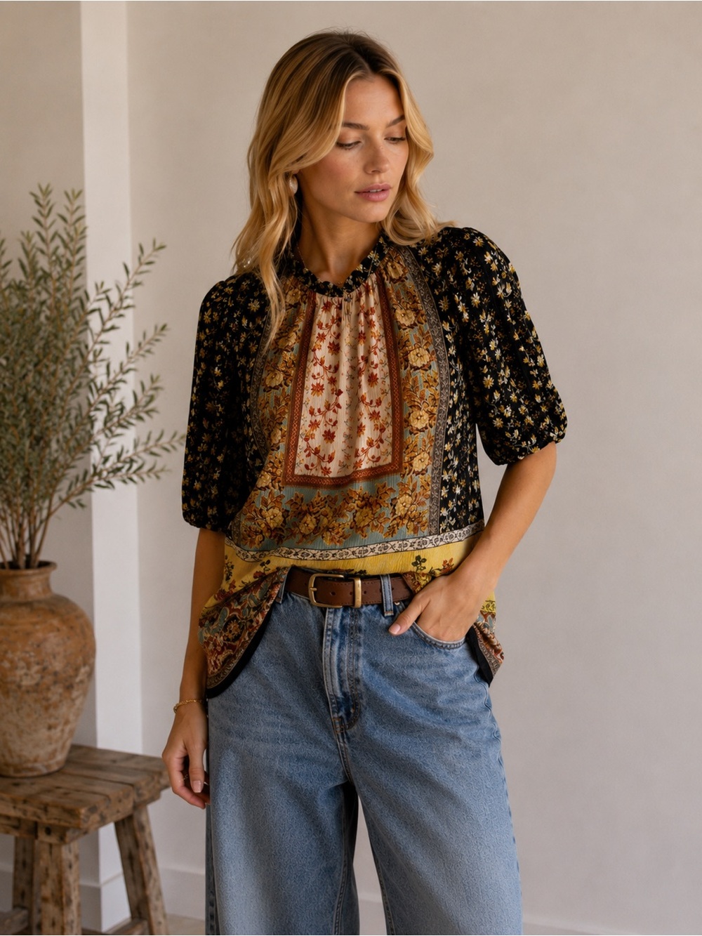 Vintage GO Silk Washable Crinkle Boho Floral Blouse Size Medium